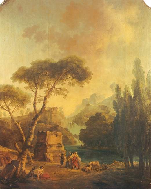 Paysage de cascade avec les bergers d'Arcadie, peint par Hubert Robert en 1789.